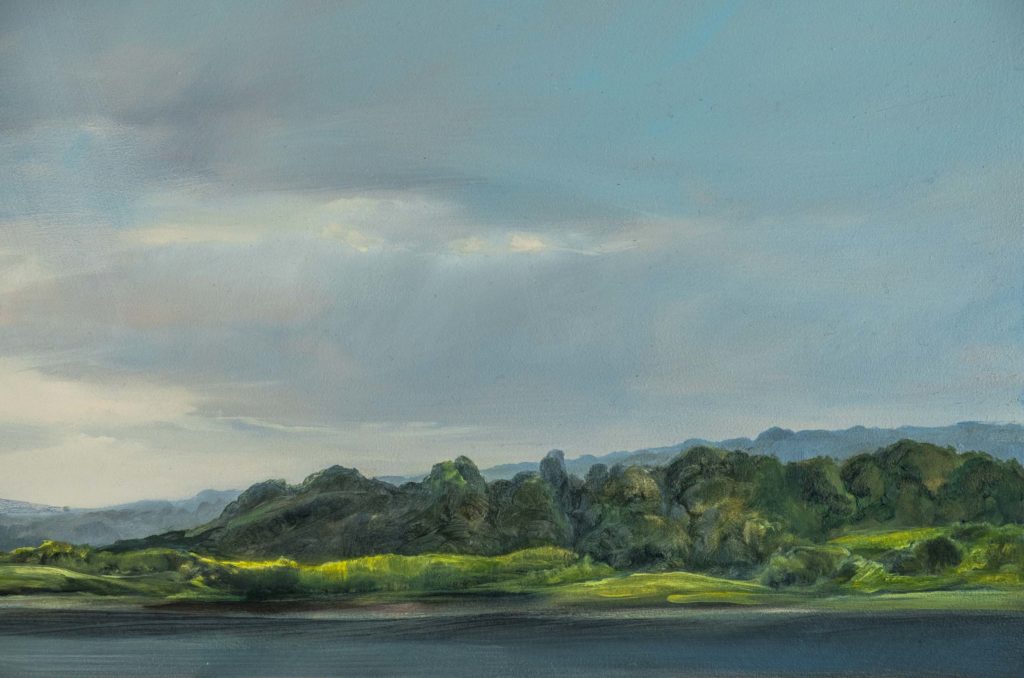 Key Note. Bewaldetes Ufer am See, aufziehende Regenwolken. Ausschnitt aus 2016, 60 x 120, Öl auf Sperrholz. Copyright Ruth B. Emde